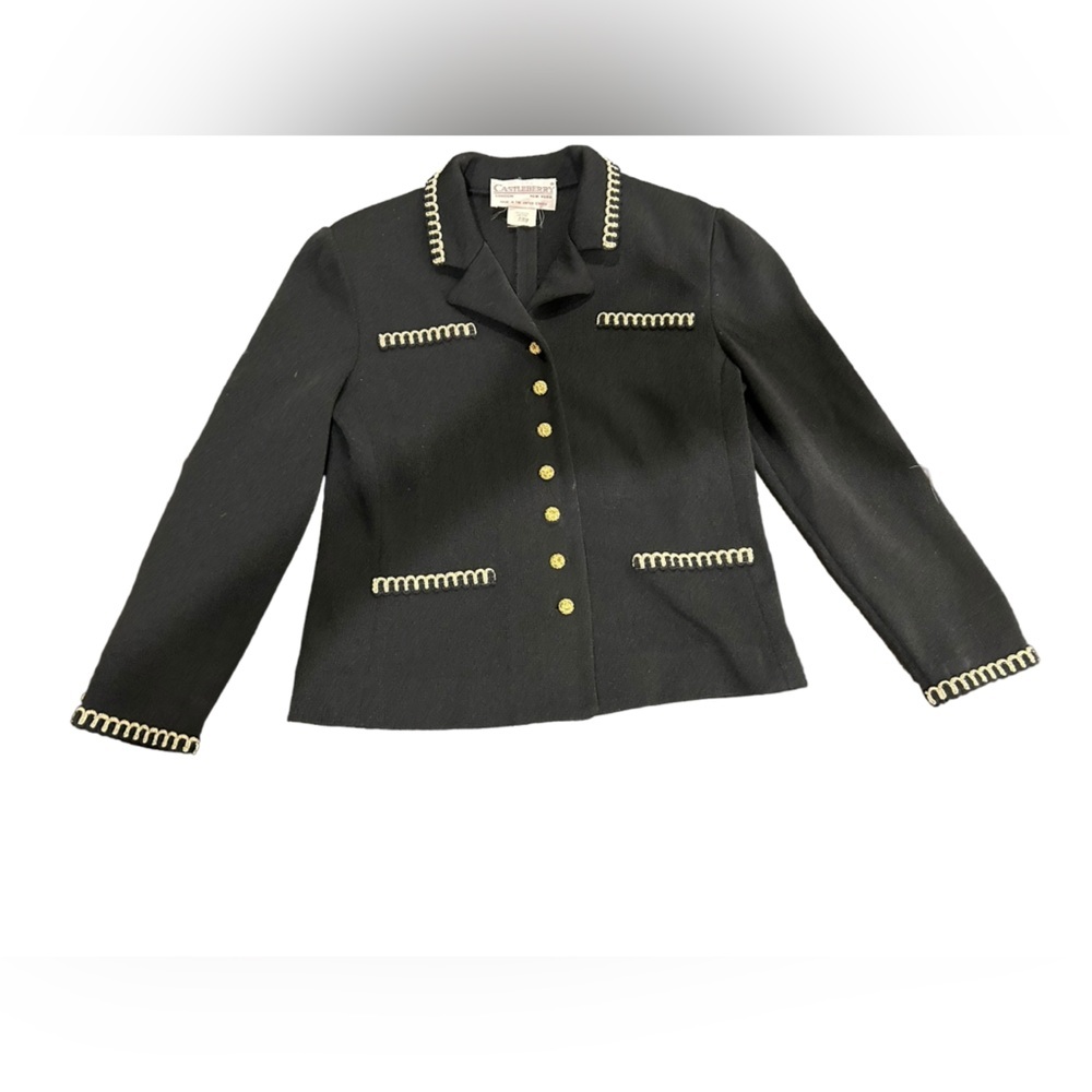 Vintage Castleberry NY London Knit Jacket Cardigan Chanel Vibes Black Gold